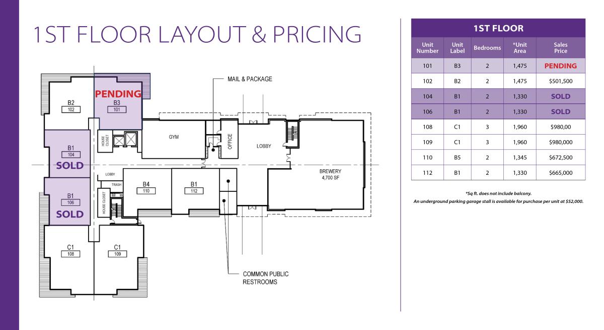 1st Floor Layout & Pricing